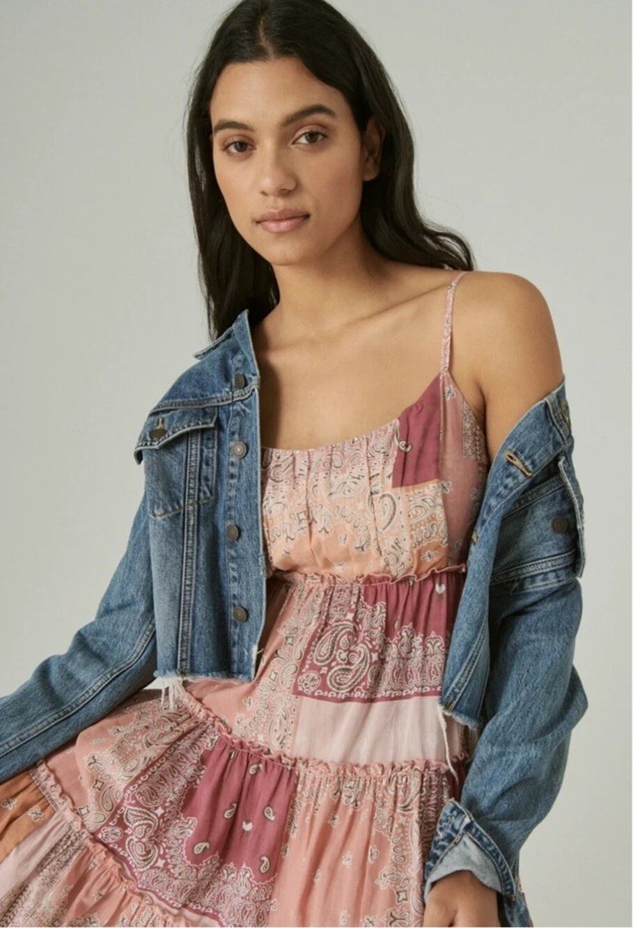 Lucky Brand Babydoll Tiered Dress Sz XL Boho Festival Y2K Pink Patchwork Cotton